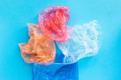 Flatlay composition plastic bags in a garbage bag. Sorting of polyethylene waste Stock Photos