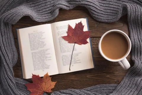 Flatlay composition with white knitted scarf, cup of coffe and open book on w Stock Photos