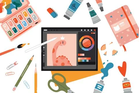 Flatlay, Digital tablet and Art supplies, graphic editor interface, cartoon s Stock Illustration