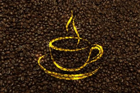Flatlay of empty coffee texture background, roasted beans, with cup shape Stock-Fotos