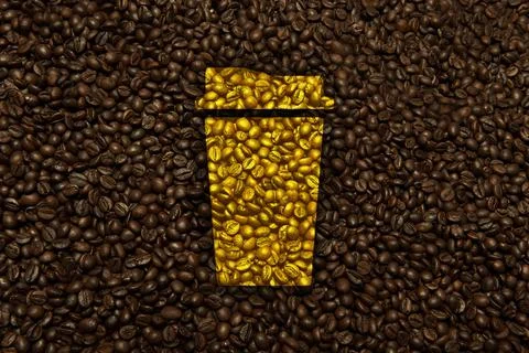 Flatlay of empty coffee texture background, roasted beans, with cup shape Stock Photos