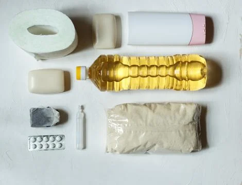 Flatlay of essential items most purchased in stores Stock Photos