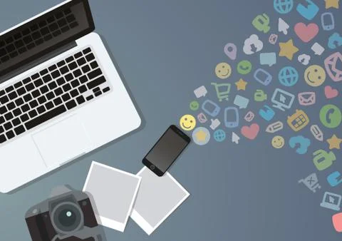 Flatlay of laptop and portable devices with social media icons Stock Illustration