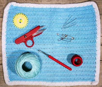 Flatlay, material vor handiwork, crochet hook, scissors, yarn and needles 写真素材