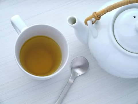 Flatlay of mint tea in a white cup. Stock Photos