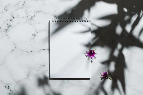 Flatlay of notebook with blank page and orchid flowers on marble Stock Photos