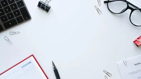 Flatlay with office items and place for text. Layout on a white background. G Stock Photos