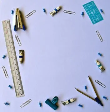 Flatlay of office items on a white background. Stock Photos