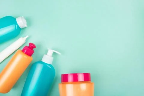 Flatlay with plastic bottles Stock Photos
