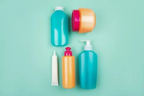 Flatlay with plastic bottles Stock Photos