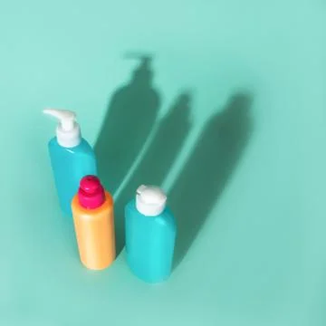Flatlay with plastic bottles Stock Photos