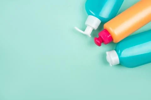 Flatlay with plastic bottles Stock Photos