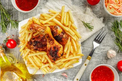 Flatlay with a portion of grilled, roasted chicken legs with golden brown crust Stock Photos