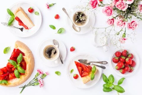 Flatlay with strawberry cheesecake Stock Photos