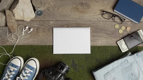 Flatlay with things for hiking and a notebook Stock Footage 201681623