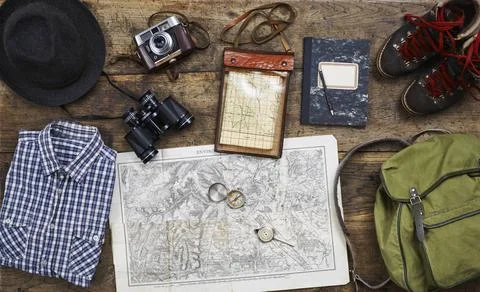 Flatlay top hiking old flatlay retro top hiking with hat shirt hiking boot... Stock Photos