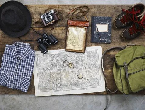 Flatlay top hiking retro flatlay top hiking with hat shirt and hiking boot... Stock Photos