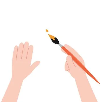 Flatlay, Two human hands are painting, paintbrush in hand, cartoon style. Pai Stock Illustration