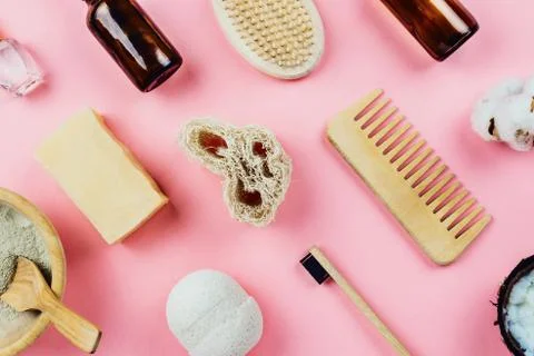 Flatlay of various beauty zero waste sustainable beauty and bath products on  Stock Photos