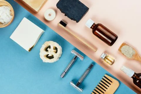 Flatlay of various eco friendly zero waste skin and body care products, selec Stock Photos