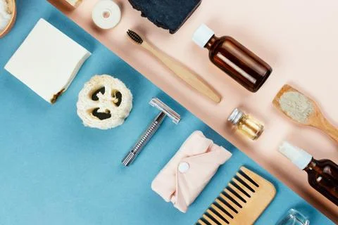 Flatlay of various eco friendly zero waste skin and body care products, selec Stock Photos