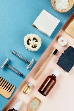 Flatlay of various eco friendly zero waste skin and body care products, selec Stock Photos