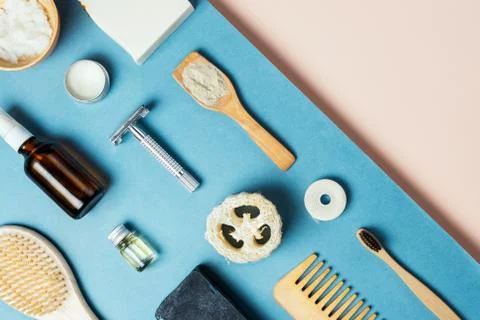 Flatlay of various eco friendly zero waste skin and body care products, selec Stock Photos