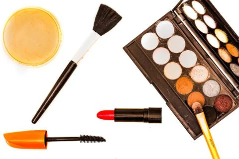 An flatlay of various makeup Stock Photos