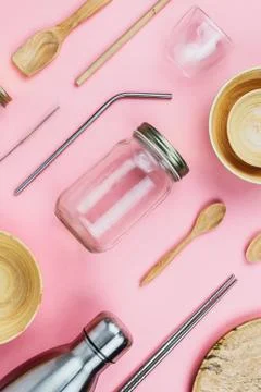 Flatlay of various sustainable zero waste kitchenware utensils and dishware:  Stock Photos