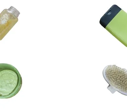 Flatlay view isolated spa cosmetics products for face, body on white background Stock Photos