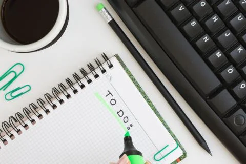 Flatlay workspace on white Foto stock