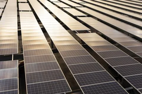 Flatly Solar Panels Or Solar Cell with Sun Reflection above Parking Places Stock Photos