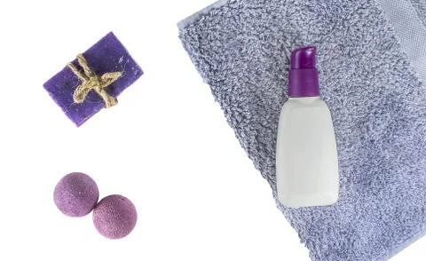 Flatly spa bath on white background, top view cosmetic products for hygiene. Stock Photos