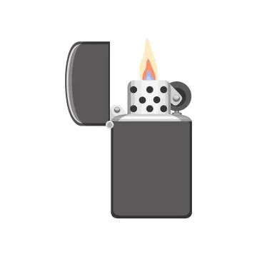 Flatvector icon of pocket cigarette lighter with gray metal housing and hinged Stock Illustration