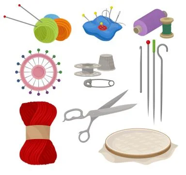 Flatvector set of tools and materials for sewing and knitting. Tailoring Stock Illustration