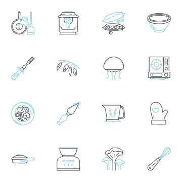 Flatware linear icons set. Spoon, Fork, Knife, Salad, Dessert, Steak, Soup line Stock Illustration