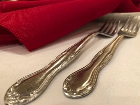 Flatware with a Red Napkin Stock Photos