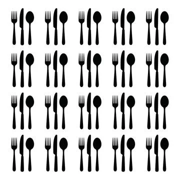Flatware Set Pattern Fork Knife Spoon Isolated Black Silhouettes Stock Illustration