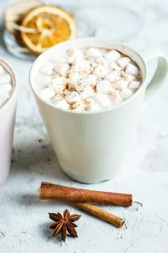 Flavored cocoa with marshmallows with cinnamon Stock Photos