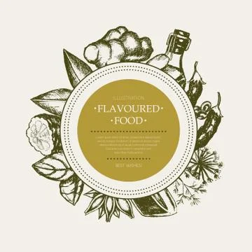 Flavoured Products - vector hand drawn round banner. Stock Illustration