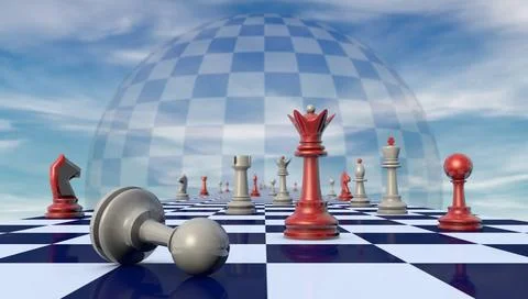Flea bite Chess pieces on a chessboard long (fantastic background). Copyri... Stock Photos