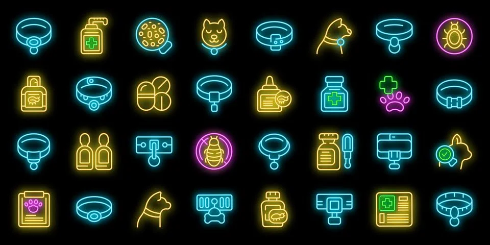 Flea collar icons set vector neon Stock Illustration