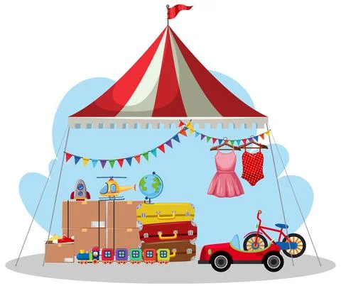 Flea market concept with second hand clothes shop Illustrazione stock