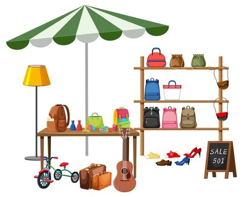 Flea market concept with second hand clothes shop Stock Illustration