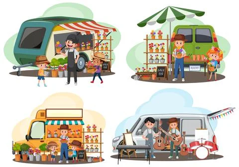 Flea market concept with set of different car boot sales Stock Illustration