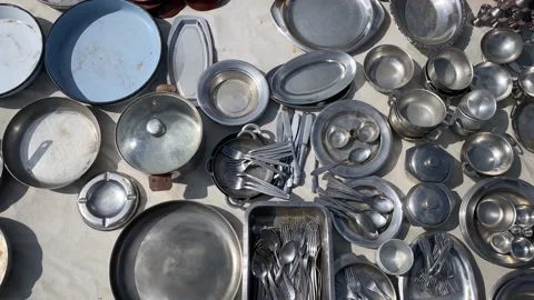 Flea market dishes tableware Stock Footage 207124783