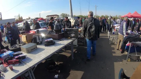 Flea Market With People Walking Hyperlapse POV Stock Footage 99255226