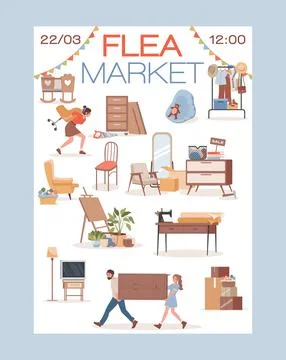 Flea market vector flat invitation poster design.People buying vintage clothes Stock Illustration