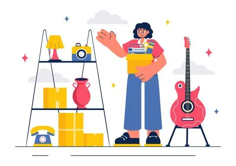Flea Market Vector Illustration featuring a Second-Hand Shop with Shoppers,.. Stock Illustration