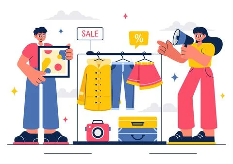 Flea Market Vector Illustration featuring a Second-Hand Shop with Shoppers,.. Stock Illustration